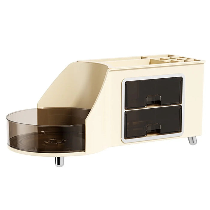 Cosmetics Organizer 360° Rotating Tray Double Drawer Desktop Storage Box - Beige - 1