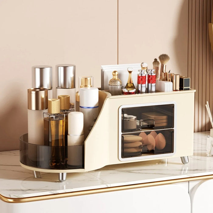 Cosmetics Organizer 360° Rotating Tray Double Drawer Desktop Storage Box - Beige - 2