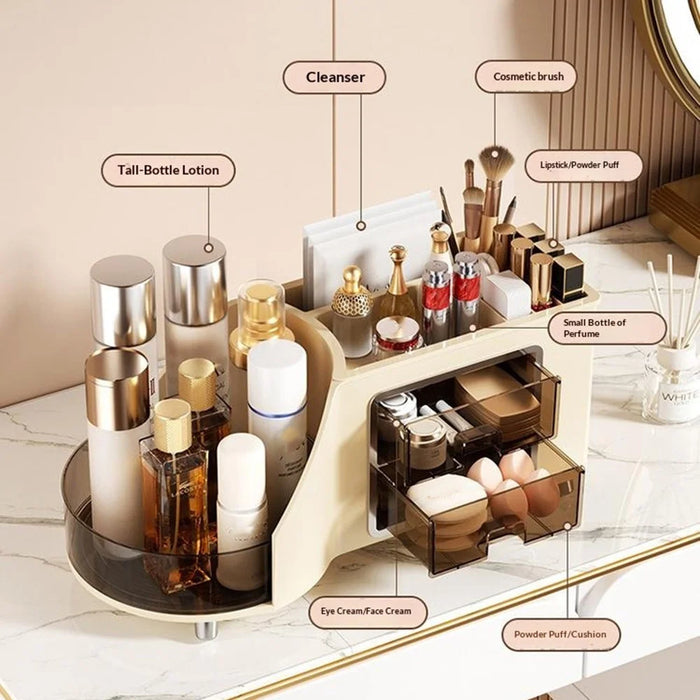 Cosmetics Organizer 360° Rotating Tray Double Drawer Desktop Storage Box - Beige - 4