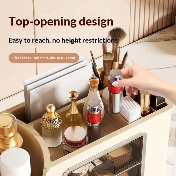 Cosmetics Organizer 360° Rotating Tray Double Drawer Desktop Storage Box - Beige - 6