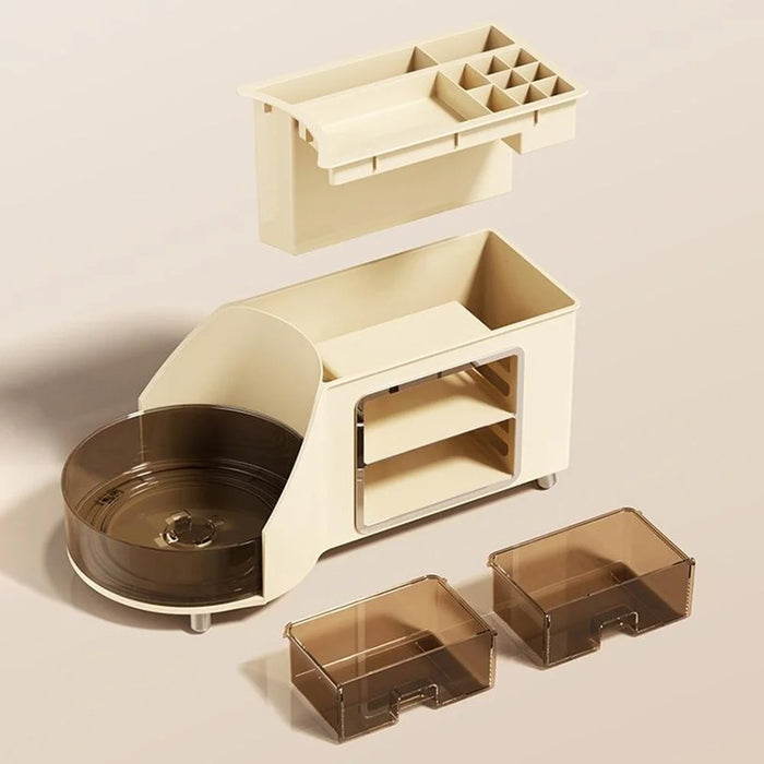 Cosmetics Organizer 360° Rotating Tray Double Drawer Desktop Storage Box - Beige - 7