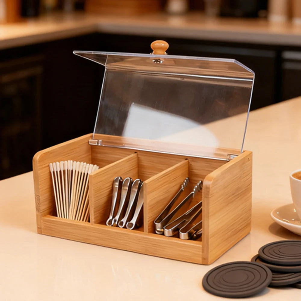 3-Compartment Bamboo Coffee Tea Bag Storage Box Flip Lid Organizer for Kitchen Desk - 1