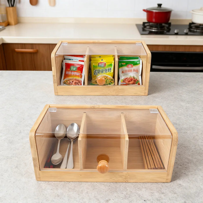 3-Compartment Bamboo Coffee Tea Bag Storage Box Flip Lid Organizer for Kitchen Desk - 4