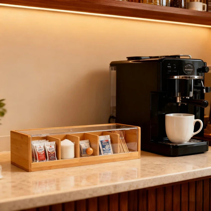 5-Compartment Bamboo Coffee Tea Bag Storage Box Flip Lid Organizer for Kitchen Desk - 2