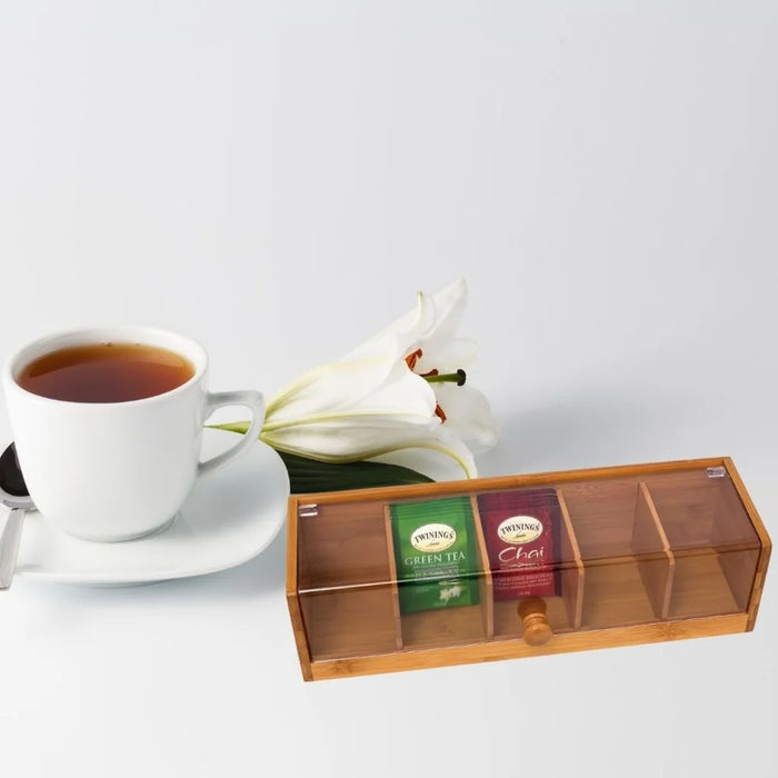 5-Compartment Bamboo Coffee Tea Bag Storage Box Flip Lid Organizer for Kitchen Desk - 3