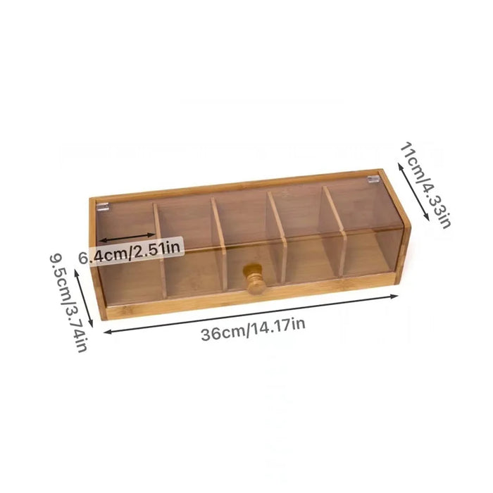 5-Compartment Bamboo Coffee Tea Bag Storage Box Flip Lid Organizer for Kitchen Desk - 5