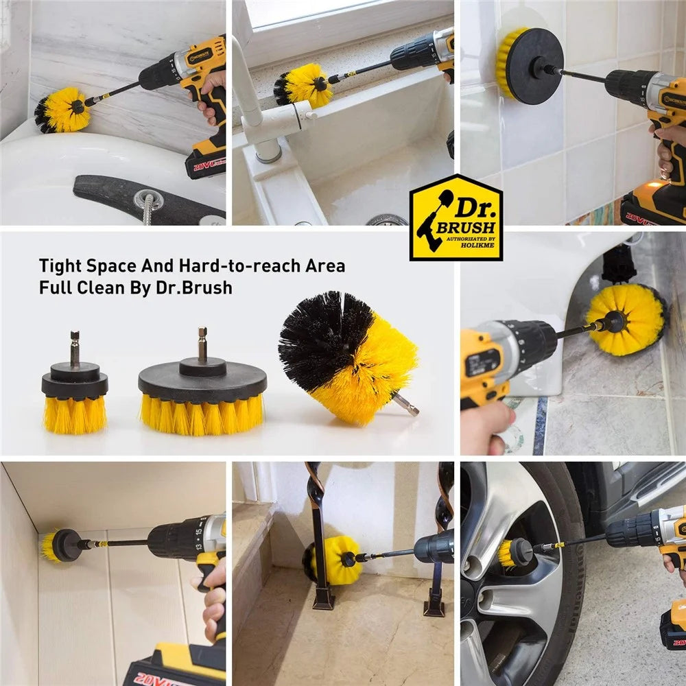 HX666 4pcs/set Drill Power Scrub Clean Brush Kit Electric Cleaning Brushes Set for Car Grout Tiles Bathroom - Black - 7