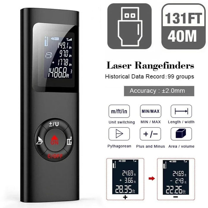40m Multifunctional LCD Digital Laser Meter Mini Smart Rangefinder Portable Distance Measuring Tool Support USB Charging - Black - 2