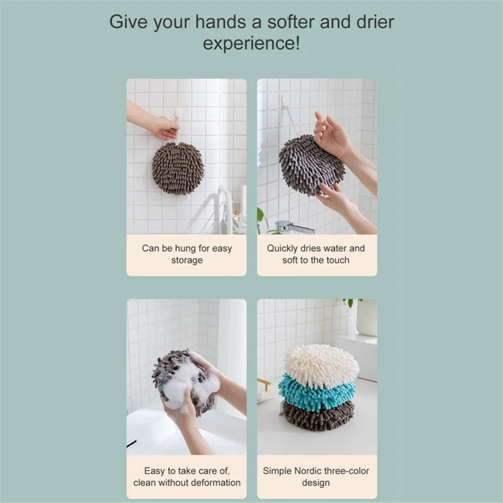 Hanging Hand Towel Pompom Design Water Absorbent Quick Drying Hand Wipe Towel Kitchen Bathroom Supply - Grey - 5