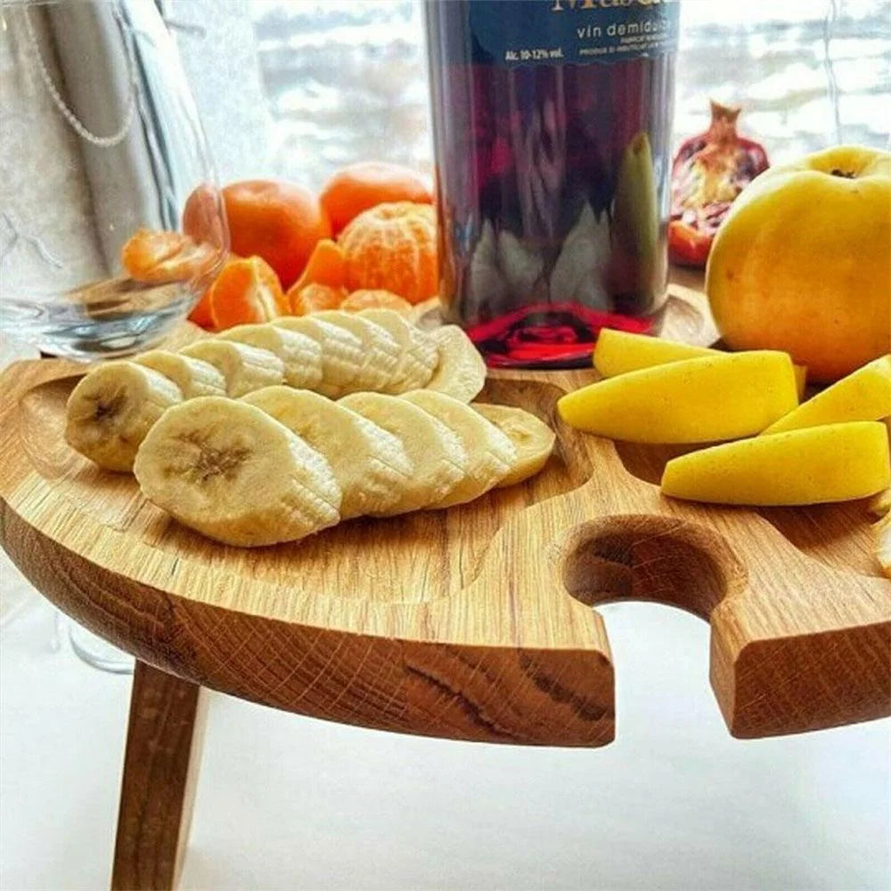 Outdoor Wine Picnic Table 30x16cm Folding Portable Wooden Snack and Cheese Tray with 4 Wine Glasses Holder - 2