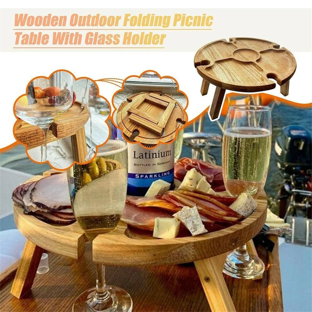 Outdoor Wine Picnic Table 30x16cm Folding Portable Wooden Snack and Cheese Tray with 4 Wine Glasses Holder - 3