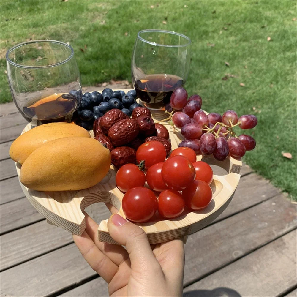 Outdoor Wine Picnic Table 30x16cm Folding Portable Wooden Snack and Cheese Tray with 4 Wine Glasses Holder - 4
