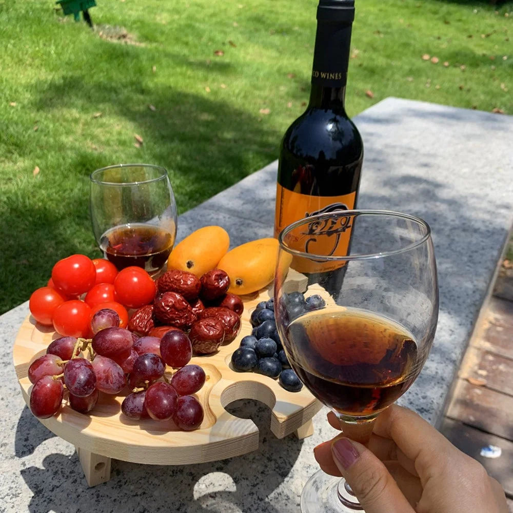Outdoor Wine Picnic Table 30x16cm Folding Portable Wooden Snack and Cheese Tray with 4 Wine Glasses Holder - 5