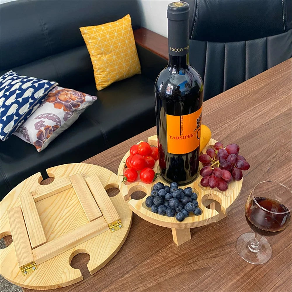 Outdoor Wine Picnic Table 30x16cm Folding Portable Wooden Snack and Cheese Tray with 4 Wine Glasses Holder - 6