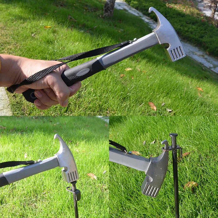 Camping Hammer Heavy Duty with Tent Stake Remover Steel Tent Hammer TPR Covered Handle Tent Mallet with Holding Strap - Grey - 2