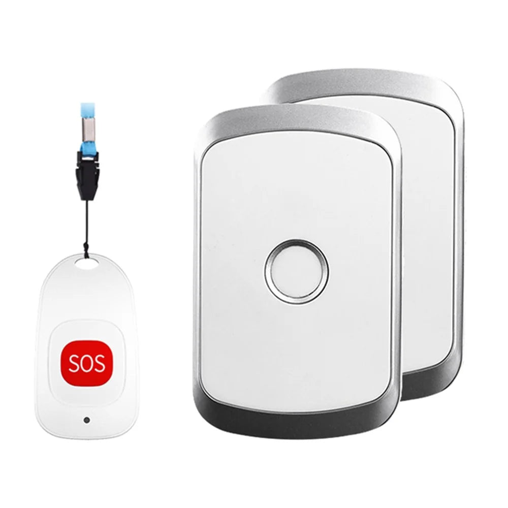 C20 Elderly Monitoring Alarm Home EU Plug Wireless Caregiver Pager Smart Call System Senior Personal Buzzer Alarm 1 Call Button and 2 Receivers - Silver - 1