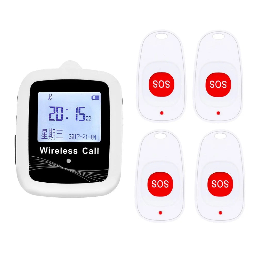 CTW07 EU Plug Wireless Alert Button Call Button for Elderly Emergency, Alert System for Seniors, 4 SOS Call Buttons and 1 Digital Screen Receiver - White - 1