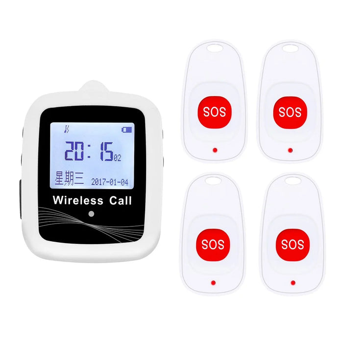 CTW07 EU Plug Wireless Alert Button Call Button for Elderly Emergency, Alert System for Seniors, 4 SOS Call Buttons and 1 Digital Screen Receiver - White - 1