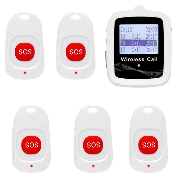 CTW07 EU Plug Wireless Elderly Emergency Alert Bell System with 5 SOS Call Buttons and 1 Digital Screen Receiver - White - 1