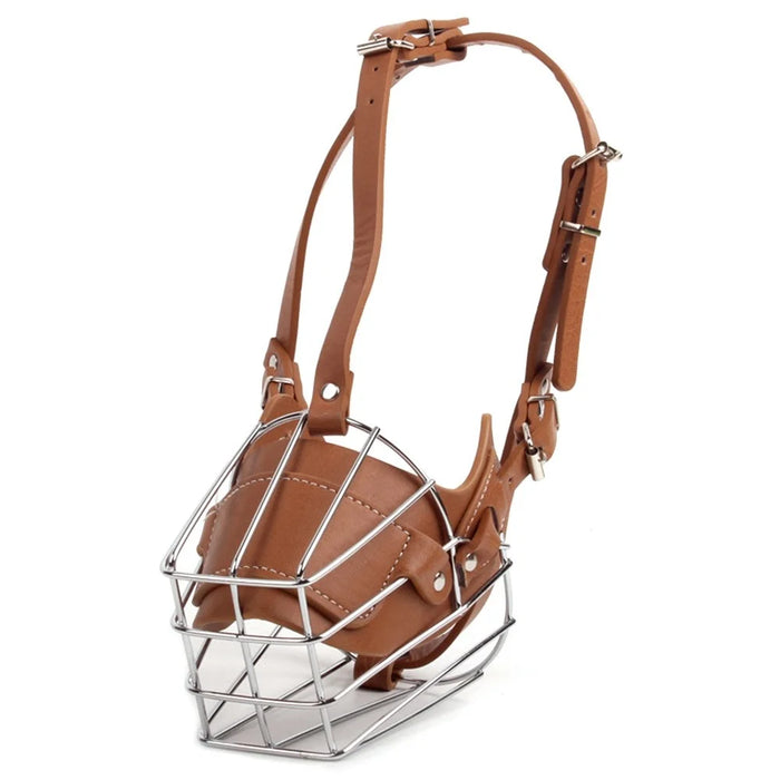Adjustable Leather Straps Wire Basket Dog Anti-bite Muzzle Protective Mouth Cover Accessories, Size M - Brown - 1