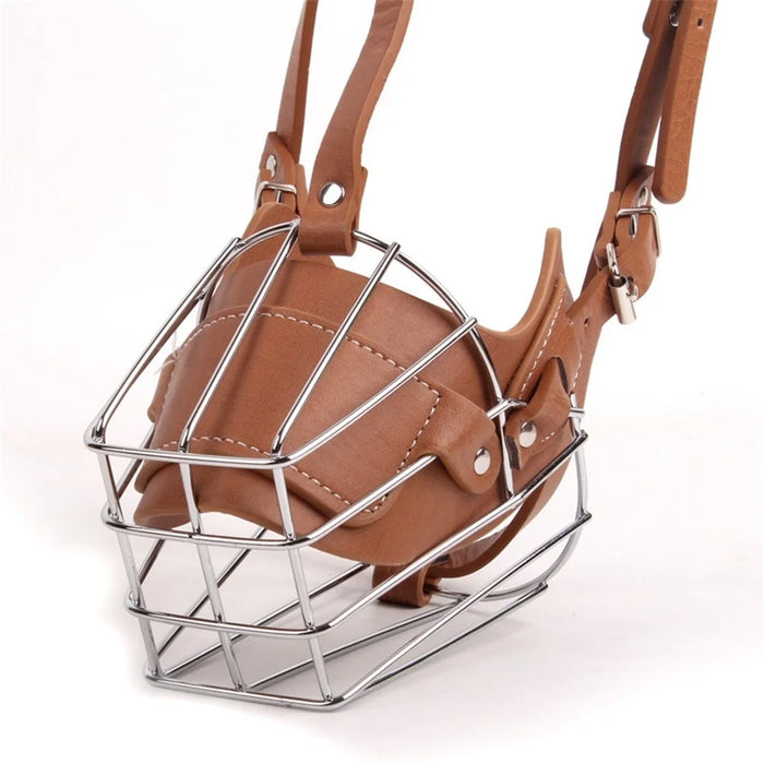 Adjustable Leather Straps Wire Basket Dog Anti-bite Muzzle Protective Mouth Cover Accessories, Size M - Brown - 2