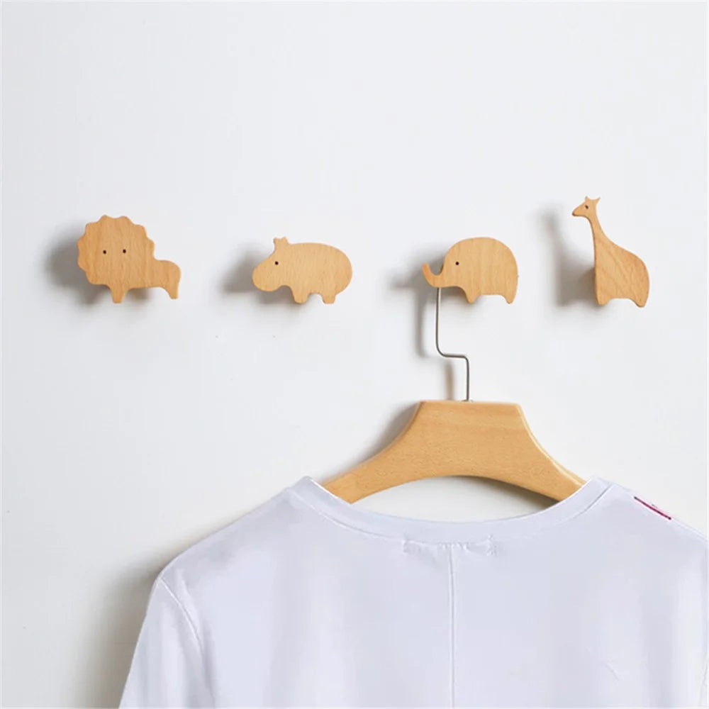 KTGJ001 Cute Animal Shaped Hook Wall Hanging Coat Rack Home Decoration Solid Wood Hanger - Lion - 2