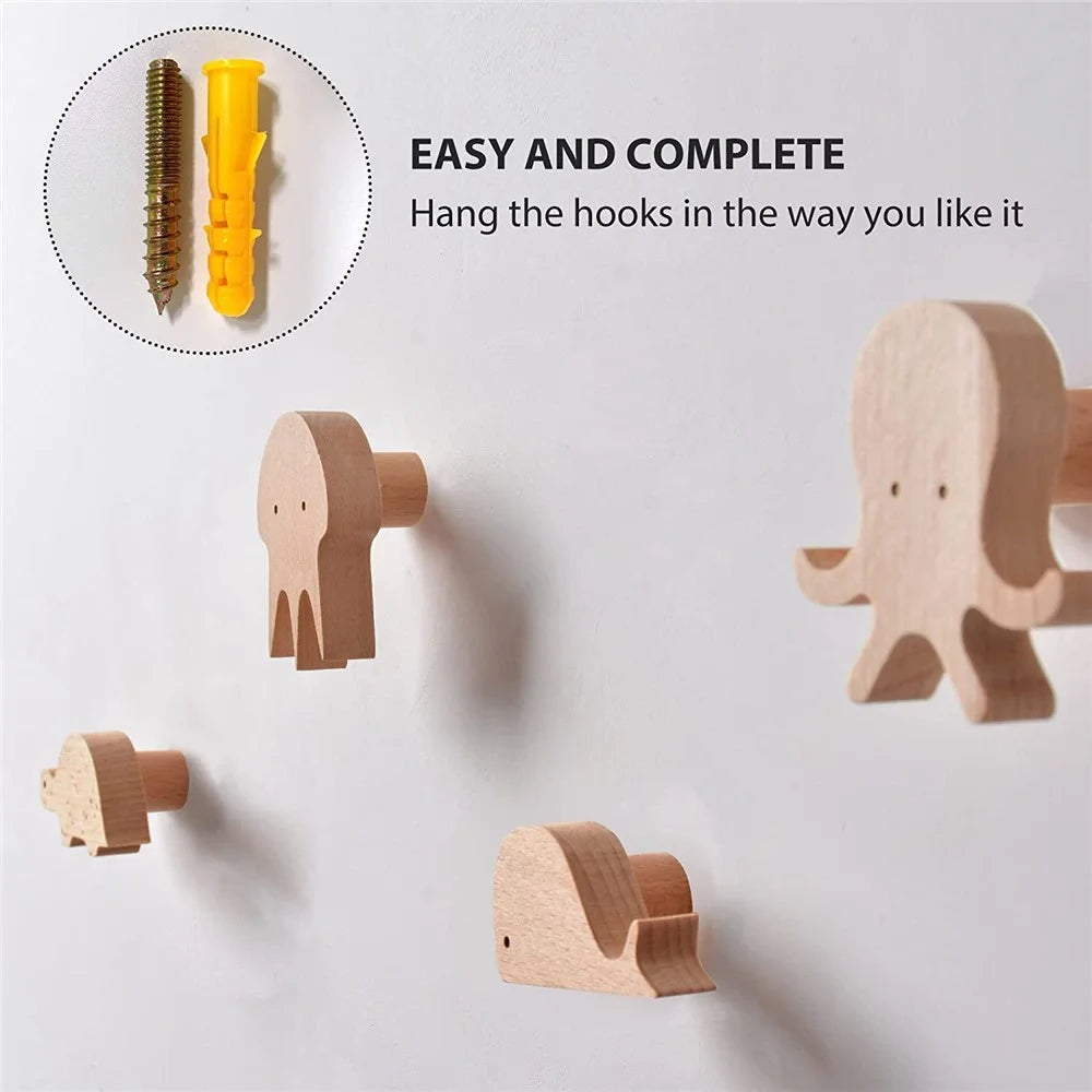 KTGJ001 Cute Animal Shaped Hook Wall Hanging Coat Rack Home Decoration Solid Wood Hanger - Lion - 5