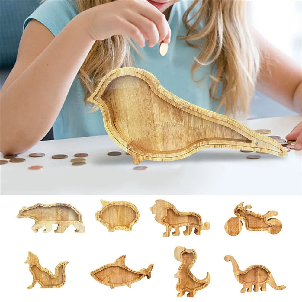 Creative Wooden Animal Piggy Bank Transparent Animal Coin Collect Box Piggy for Kids Gift - Bird - 4
