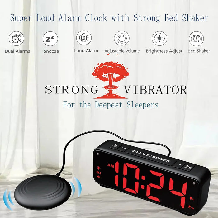 F1089 Loud Vibrating USB Alarm Clock 6.5'' LED Display Screen Bedroom Clock with Snooze Function for Students Elderly Senior Men Women - Black / Red Light - 3