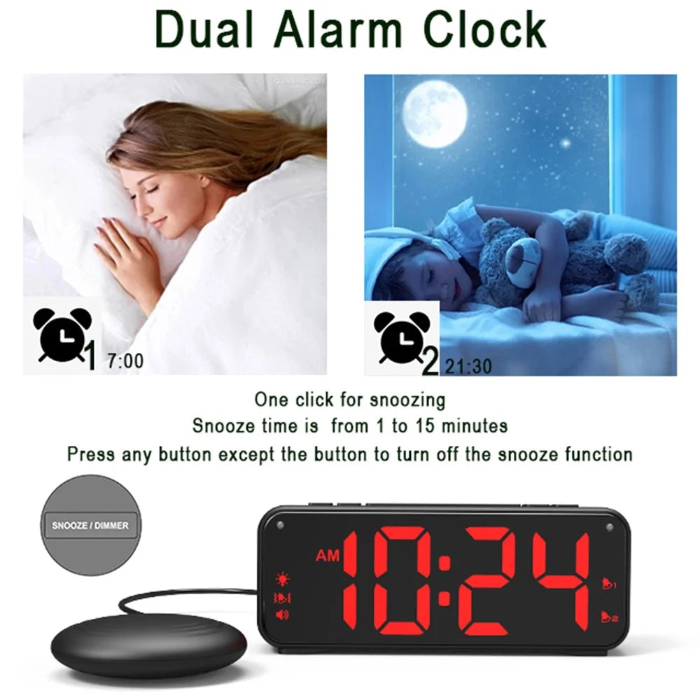 F1089 Loud Vibrating USB Alarm Clock 6.5'' LED Display Screen Bedroom Clock with Snooze Function for Students Elderly Senior Men Women - Black / Red Light - 4