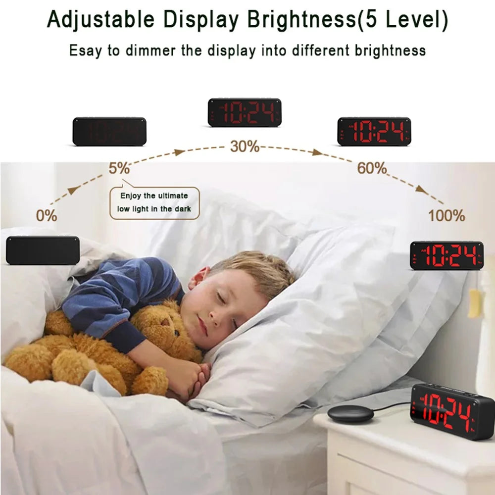 F1089 Loud Vibrating USB Alarm Clock 6.5'' LED Display Screen Bedroom Clock with Snooze Function for Students Elderly Senior Men Women - Black / Red Light - 5