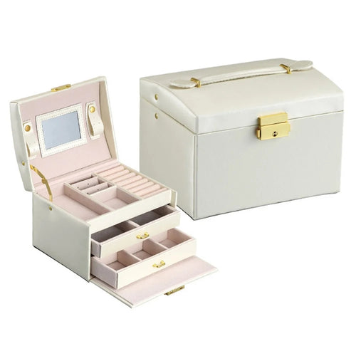 sp01111 Jewelry Box Organizer Three-layer PU Leather Earring Rings Storage Display Case with Mirror and Key - Textured / White - 1