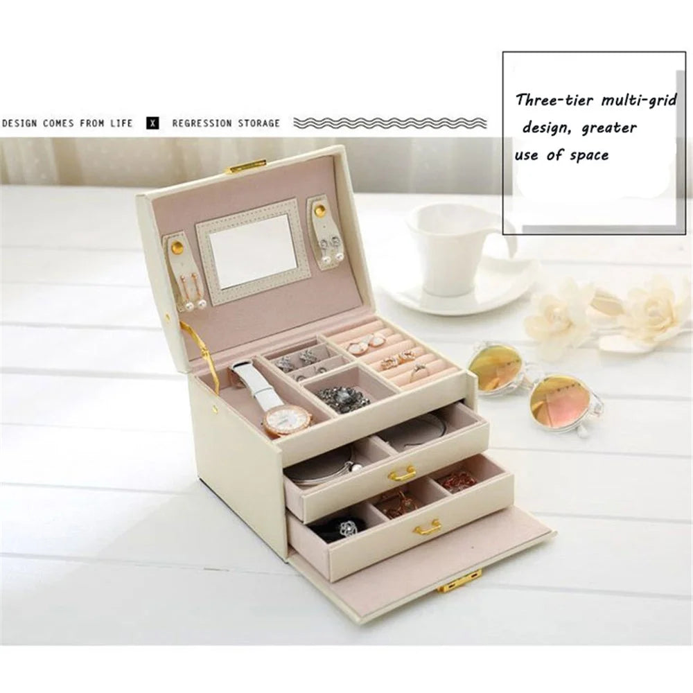 sp01111 Jewelry Box Organizer Three-layer PU Leather Earring Rings Storage Display Case with Mirror and Key - Textured / White - 2