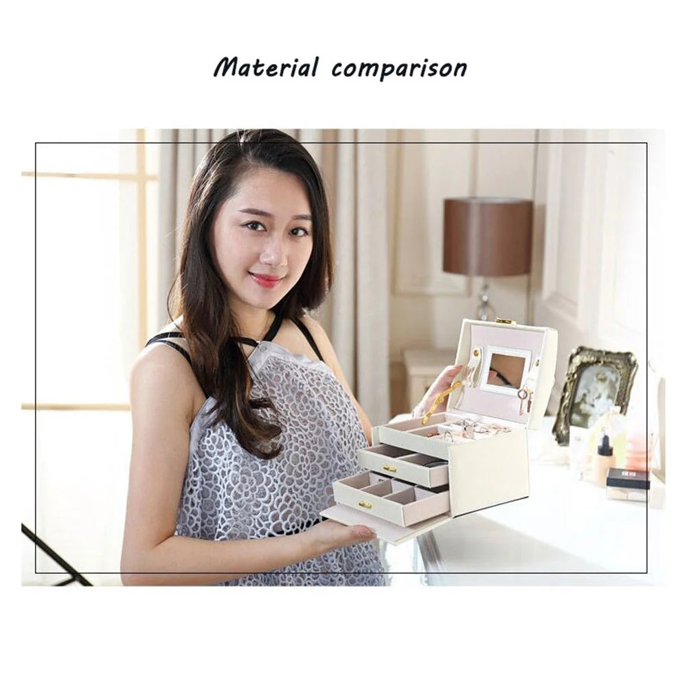 sp01111 Jewelry Box Organizer Three-layer PU Leather Earring Rings Storage Display Case with Mirror and Key - Textured / White - 3