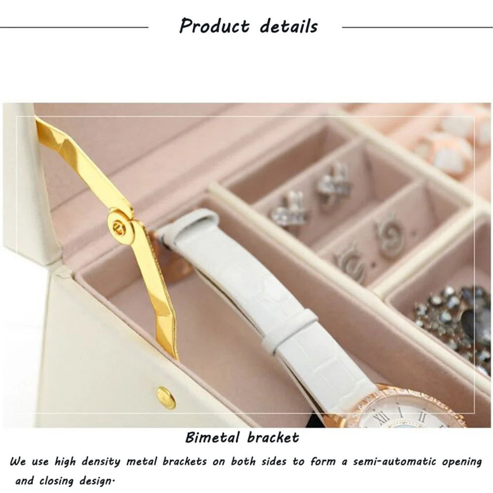 sp01111 Jewelry Box Organizer Three-layer PU Leather Earring Rings Storage Display Case with Mirror and Key - Textured / White - 4