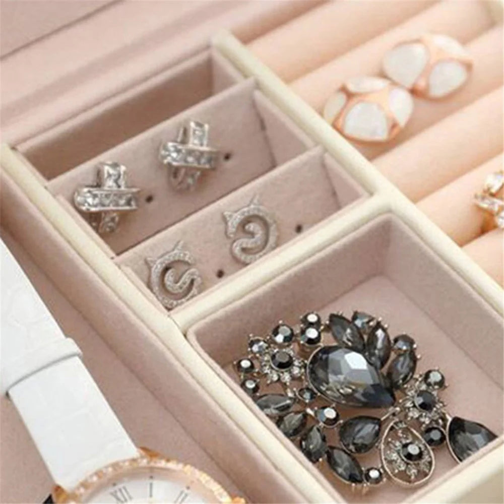 sp01111 Jewelry Box Organizer Three-layer PU Leather Earring Rings Storage Display Case with Mirror and Key - Textured / White - 5
