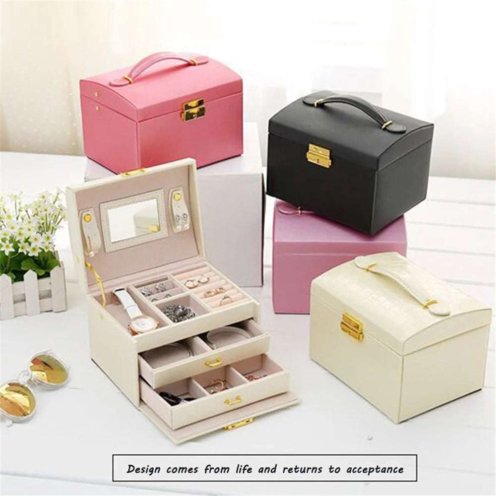 sp01111 Jewelry Box Organizer Three-layer PU Leather Earring Rings Storage Display Case with Mirror and Key - Textured / White - 7