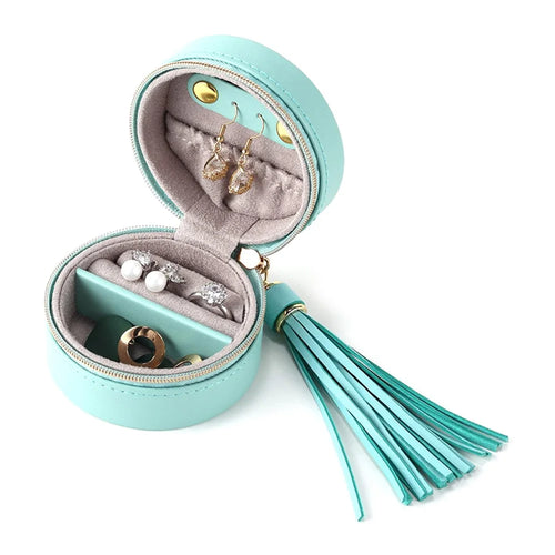 sp01205 Round Small Jewelry Box Earring Ear Stud PU Leather Mini Portable Travel Jewelry Case Organizer with Tassel Dangle - Blue - 1