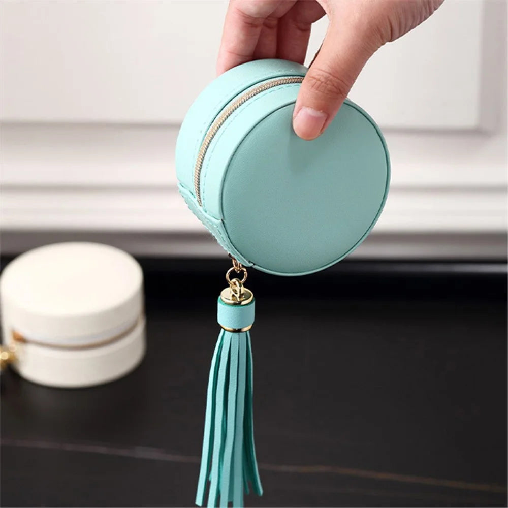 sp01205 Round Small Jewelry Box Earring Ear Stud PU Leather Mini Portable Travel Jewelry Case Organizer with Tassel Dangle - Blue - 2
