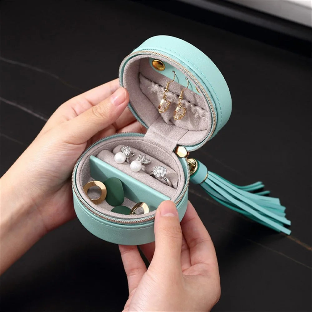 sp01205 Round Small Jewelry Box Earring Ear Stud PU Leather Mini Portable Travel Jewelry Case Organizer with Tassel Dangle - Blue - 3