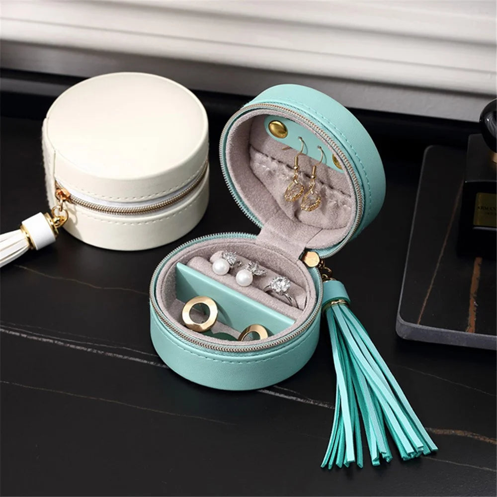 sp01205 Round Small Jewelry Box Earring Ear Stud PU Leather Mini Portable Travel Jewelry Case Organizer with Tassel Dangle - Blue - 4