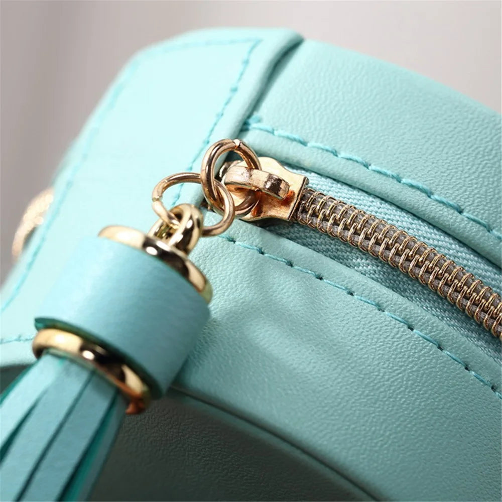 sp01205 Round Small Jewelry Box Earring Ear Stud PU Leather Mini Portable Travel Jewelry Case Organizer with Tassel Dangle - Blue - 5