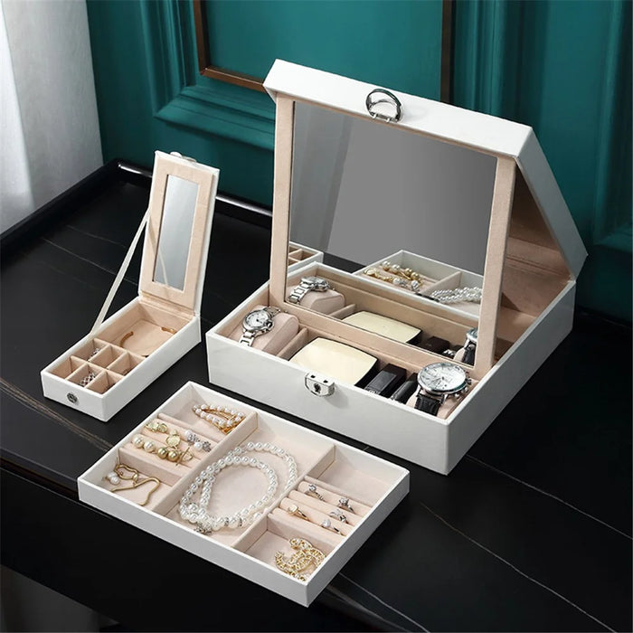 sp01130 Jewelry Storage Case with Mirror and Removable Tray, PU Leather Jewelry Display Box Organizer for Necklaces Earrings Rings Bracelets - White - 4