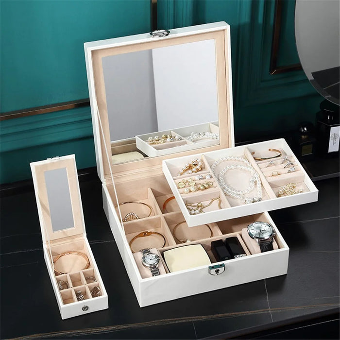 sp01130 Jewelry Storage Case with Mirror and Removable Tray, PU Leather Jewelry Display Box Organizer for Necklaces Earrings Rings Bracelets - White - 7