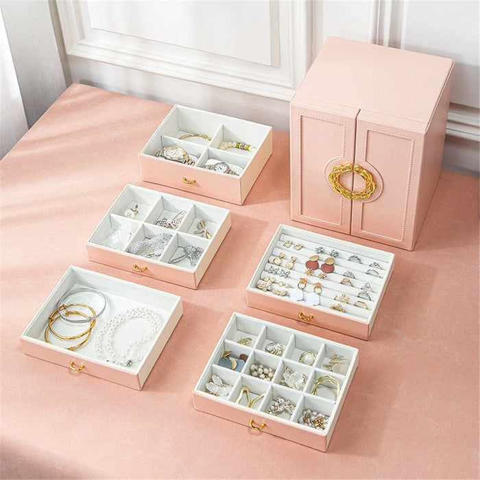 sp01181 5 Layers Jewelry Box Organizer PU Leather Jewelry Tray Drawer Storage Case for Earrings Rings Necklaces Bracelets - Blue - 5