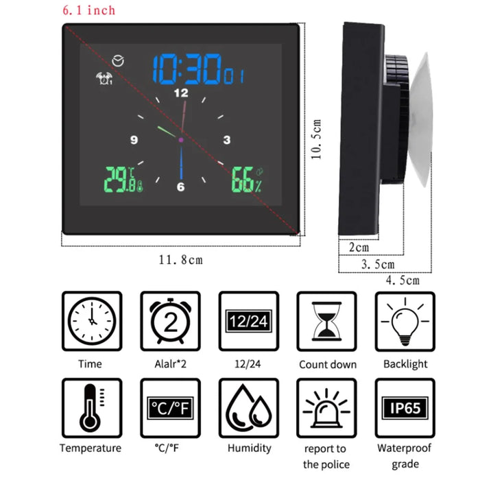 TS-WP10 Color Screen Alarm Clock Temperature Humidity Display Waterproof Bathroom Clock with Suction Cup - Black - 6