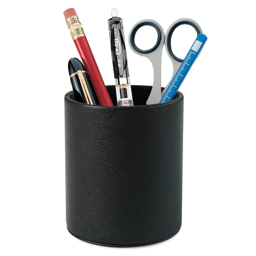 PU Leather + PVC Pen Holder Pencil Cup Makeup Brush Pen  Organizer School Office Desk Stationery - Black - 2