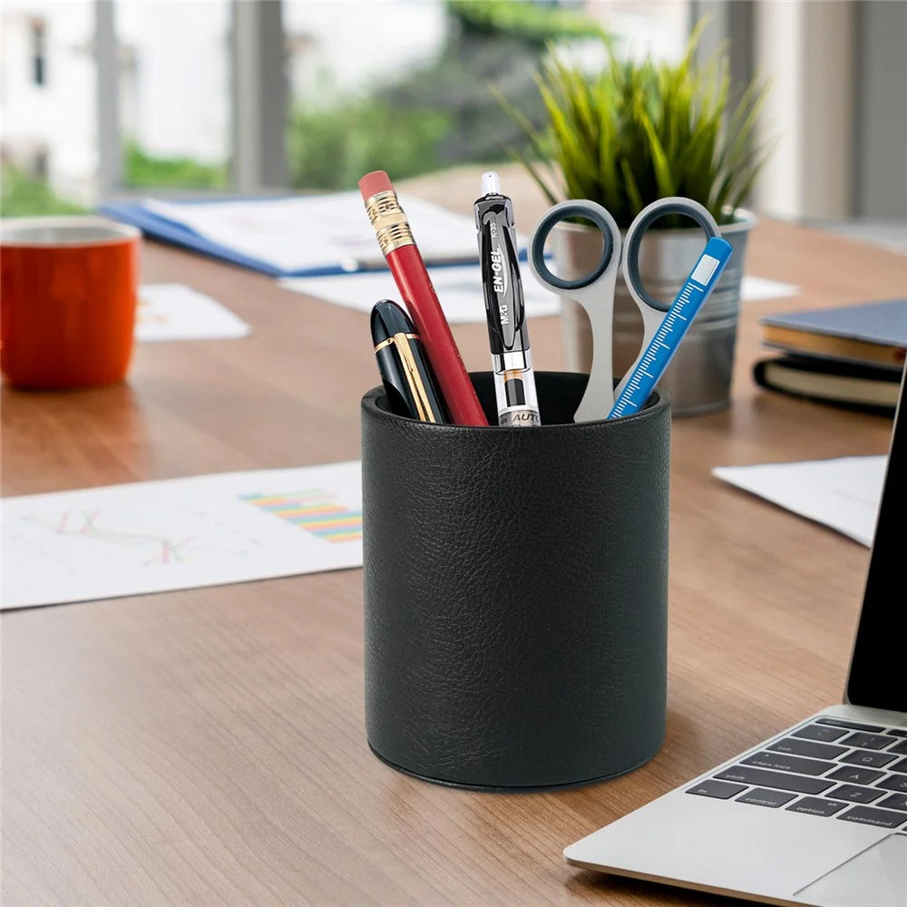 PU Leather + PVC Pen Holder Pencil Cup Makeup Brush Pen  Organizer School Office Desk Stationery - Black - 5