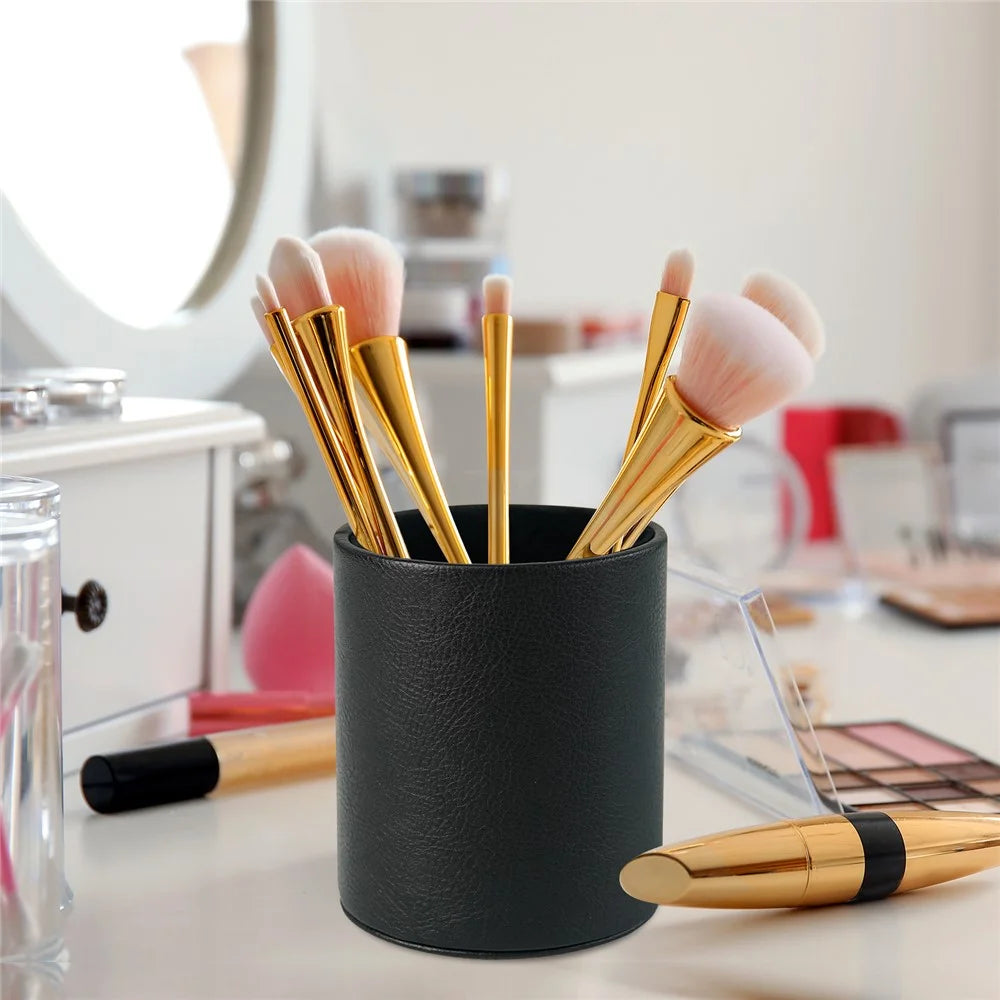 PU Leather + PVC Pen Holder Pencil Cup Makeup Brush Pen  Organizer School Office Desk Stationery - Black - 6