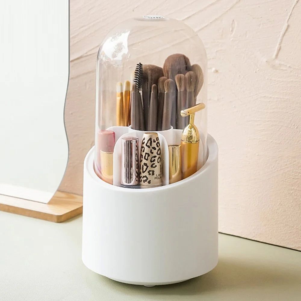 360 Degree Rotating Makeup Brush Holder with Lid Dustproof Clear Makeup Brush Organizer Container - White - 1